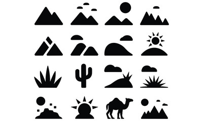 Desert landscape icons featuring mountains, cacti, and camel silhouettes in various simple designs for travel and exploration themes © StockMint