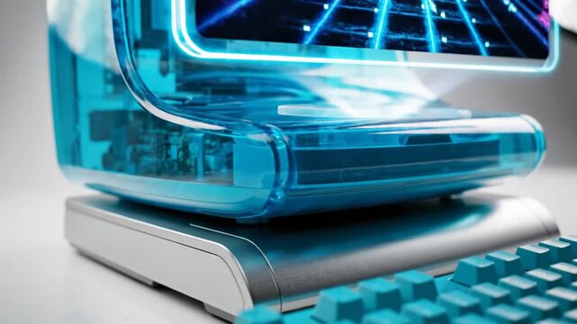Retro-futuristic blue computer with vibrant digital screen on white background