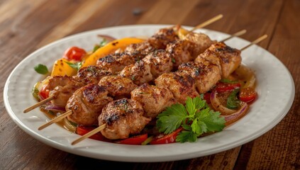 Skewered chicken with veggies on a plate; wholesome Mediterranean dish