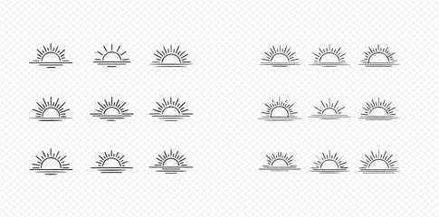 Set of sun and sea line icons, sunrise and sunset symbols, vector illustration.
