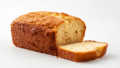 Sliced butter cake on a white surface