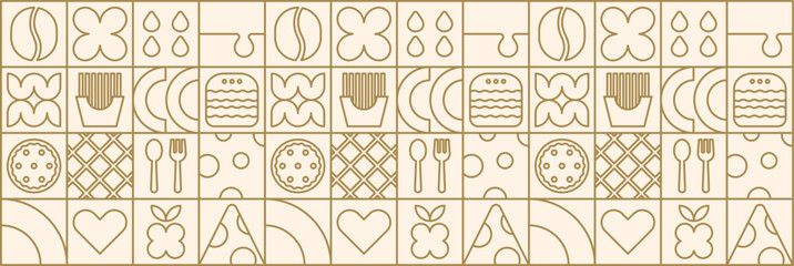 Obraz premium Geometric line fast food mosaic with retro burger and pizza pattern.