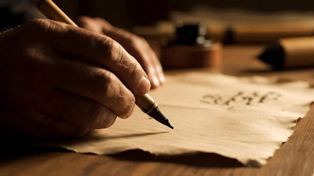 an Arab calligrapher's hand dipping a bamboo qalam into ink and executing a fluid stroke on handmade paper, symbolizing cultural heritage, artistic precision, and the timeless beauty of Islamic art.