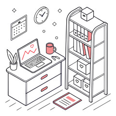 A desk with a laptop and bookshelf © Koli