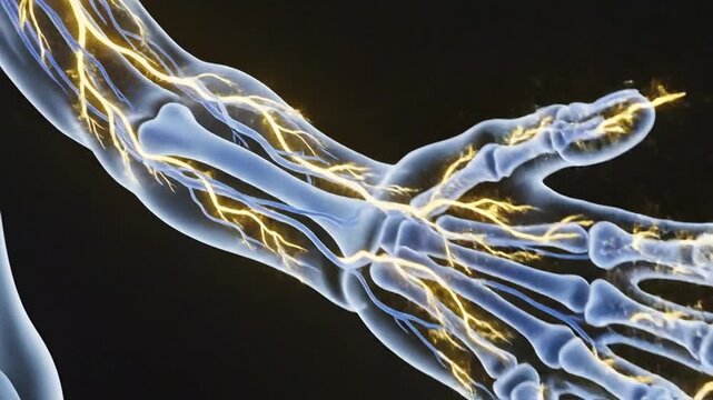 Medical illustration of human shoulder anatomy with glowing nerves and blue blood vessels