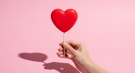 Hand holding red heart shaped lollipop against pastel pink background with shadow effect symbolizing love and affection on a valentines day theme