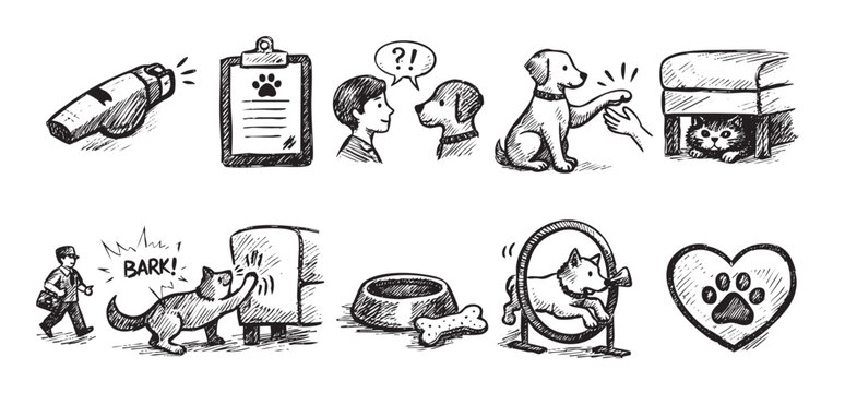 Hand drawn cartoon illustrations. Cute scenes with dog and cat. Includes training, communication, aggression, and love. Perfect for pet care, animal training, and lifestyle content.