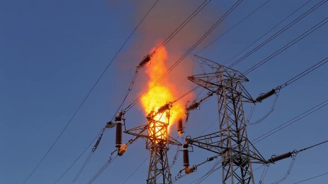 power outage, electrical tower on fire with smoke