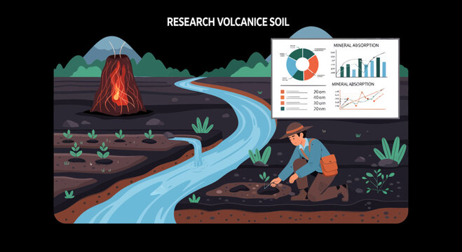 Volcanic Soil Research Illustration Scientist Analyzing Soil Composition with Data Visualization.