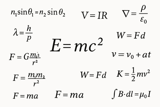 Physics Formulas Composition with Prominent E=mc&sup2; Equation &ndash; Scientific Vector Illustration on White Background
