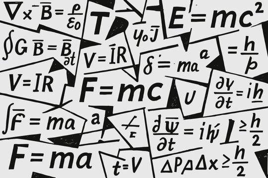 Chaotic Physics Formulas Collage &ndash; E=mc&sup2;, F=ma, Ohm&rsquo;s Law and Quantum Equations Abstract Background Vector Illustration