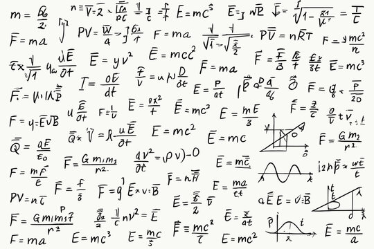 Dense Physics Equations and Formulas Collage with Graphs &ndash; Handwritten Scientific Background Vector Illustration