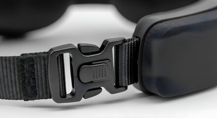 Close-up of a black adjustable buckle on a strap attached to a VR headset on a white surface