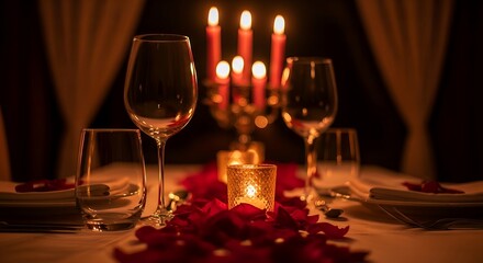 Elegant table setting for a romantic dinner with wine glasses and candles surrounded by rose petals creating an intimate atmosphere for a couple to enjoy.