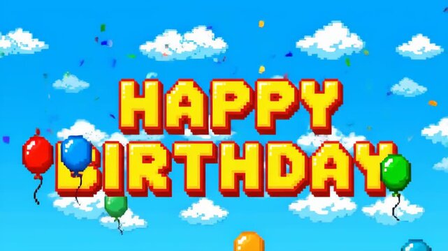 Happy Birthday Text Pixel Art Animation with Confetti and Balloons