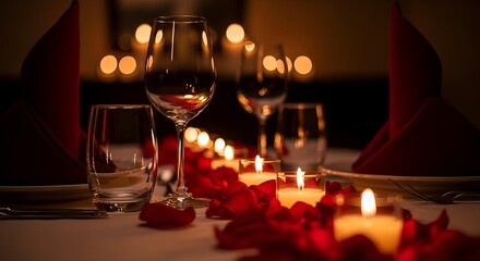 Elegant romantic dinner table setting with wine glasses and candles creating a warm ambiance for a lovely evening out with loved ones in a fine dining restaurant.