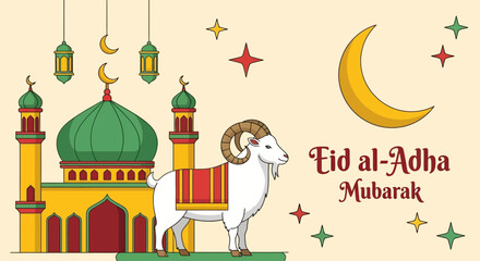 Fototapeta premium Celebratory Eid al-Adha illustration featuring mosque, sheep, and crescent moon in festive atmosphere