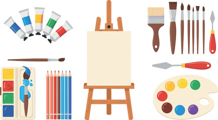 Comprehensive vector illustration of professional art studio supplies including a wooden easel blank canvas paint tubes palette and brushes. © Lunavera art