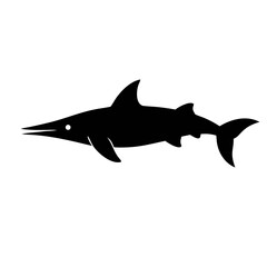 Obraz premium Black silhouette of sea animals and marine life, including whales, dolphins, sharks fish silhouette