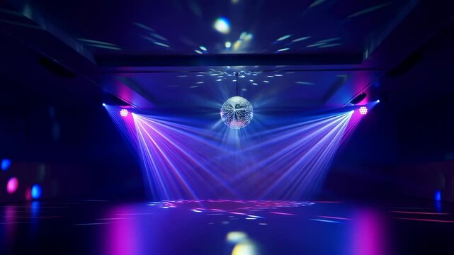 Colorful disco lights illuminating an empty dance floor with a sparkling disco ball. Ideal for nightlife, parties, and event promotions