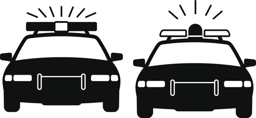 Black and White Police Car Icons Set with Sirens and Flashing Lights Front View Vector Illustration for Emergency Law Enforcement © Hello World