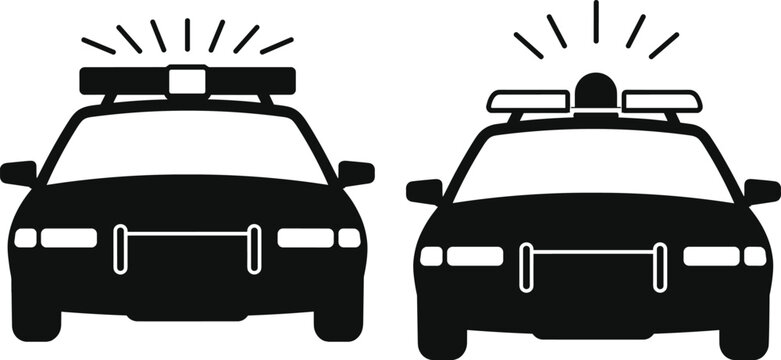 Black and White Police Car Icons Set with Sirens and Flashing Lights Front View Vector Illustration for Emergency Law Enforcement