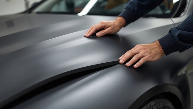 Worker applies TPU matte paint protection film to luxury car using cutting software