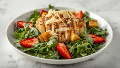 A refined take on Caesar salad, with mixed greens, grilled chicken, croutons, shaved Parmesan, and surprising fresh strawberries