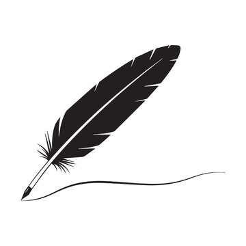 A single black silhouette vector illustration of a quill feather pen and ink bottle isolated on a light background for calligraphy and literature design