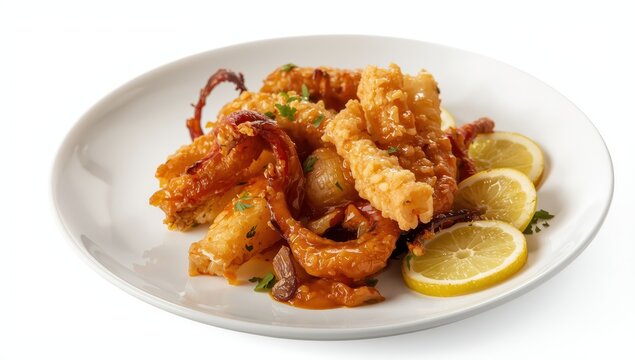 Spicy fried squid tentacles on a white plate with potatoes and lemon, isolated on white