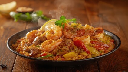 Fototapeta premium Seafood and vegetable dish, either rice with prawns or paella; includes shrimp, Asian or Spanish cuisine