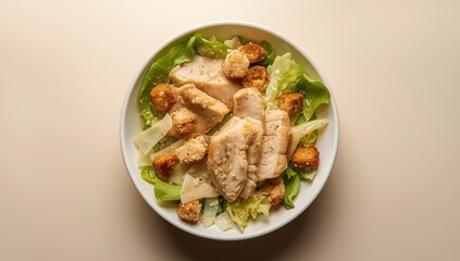 Fototapeta premium Classic Caesar salad in a white bowl featuring lettuce, roasted chicken, croutons, and cheese, viewed from above, with room for text