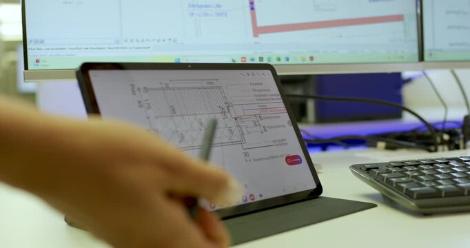 Hand scrolling through technical construction drawing on digital tablet
