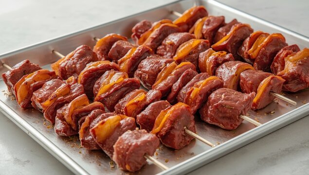 Turkish-style liver skewers, featuring diced beef liver and tail fat, arranged on a baking tray. Ready for grilling. A nutritious option