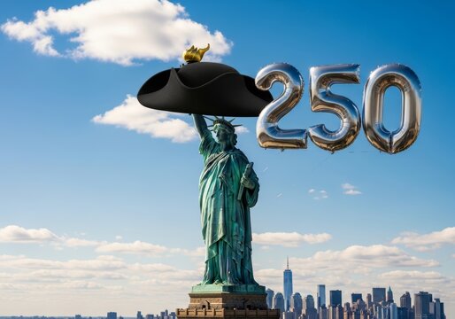 Statue of Liberty holding a large bicorne hat, with number 250 balloons against a blue sky for anniversary.