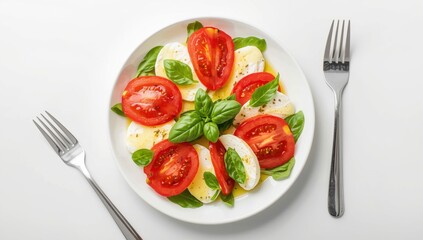 Classic Caprese salad featuring tomatoes, mozzarella, basil, and olive oil, displayed on a white background with cutlery. Aerial view, vertical layout