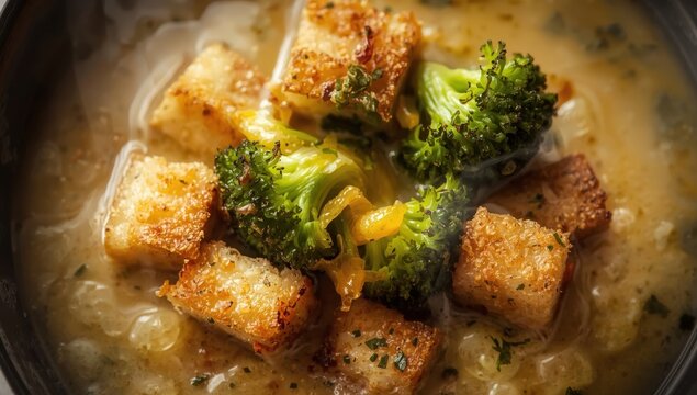 Top view of roasted broccoli soup topped with melted cheddar croutons, styled in a cozy manner