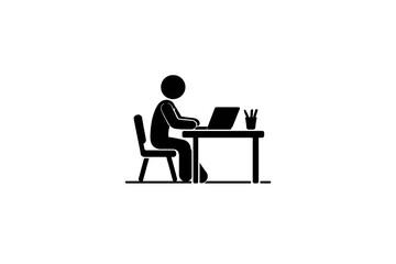 Fototapeta premium Minimalist Black Stick Figure Icon – Person Working on Laptop at Desk, Simple Vector Silhouette Illustration