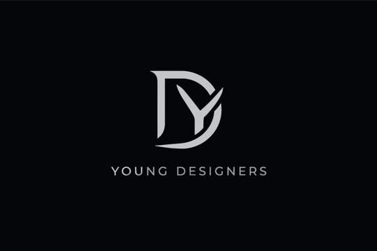 Elegant Minimalist Monogram Logo DY with Text "Young Designers" &ndash; Luxury Silver Logo on Black Background Vector