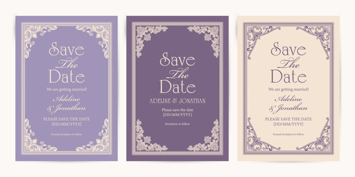 Elegant Save the Date Wedding Cards or Invitations. Lace Border Frames Vector illustration