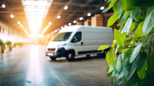 Last mile delivery hub with white van parked inside modern warehouse, sunlight streaming through open doors, green plant in foreground, efficient logistics and urban distribution