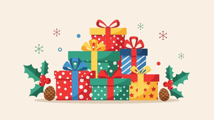 Vibrant Stack of Christmas Gifts with Festive Holly and Pinecones.