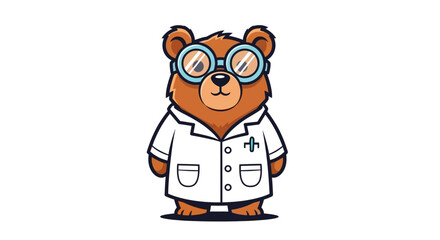 Obraz premium Cute cartoon bear dressed as a scientist with glasses and lab coat.