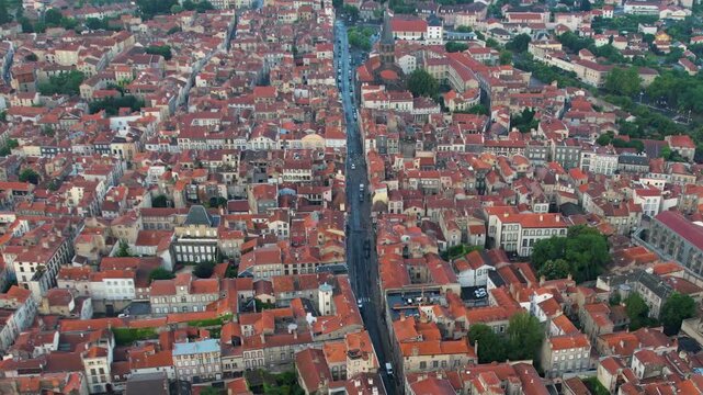 An Aerial panoramic view of the old town of the city Riom on a sunny summer morning in France.