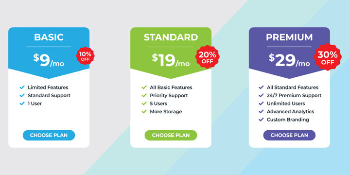 Pricing plan tables for website or application. Basic, standard, and premium subscription packages with discount tags.