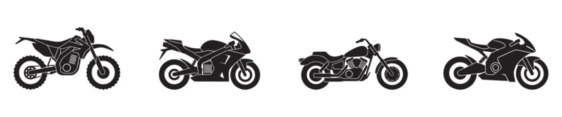 Fototapeta premium Motorcycle flat icon set. Various types of motorbikes including sport, dirt, chopper and street bikes silhouettes.