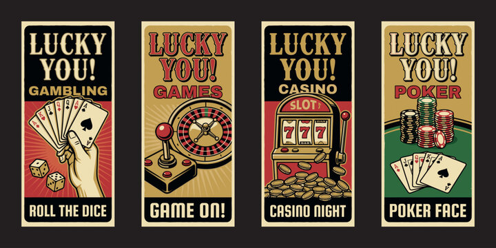 Vintage casino and gambling vector banner set with roulette, slot machine and poker cards
