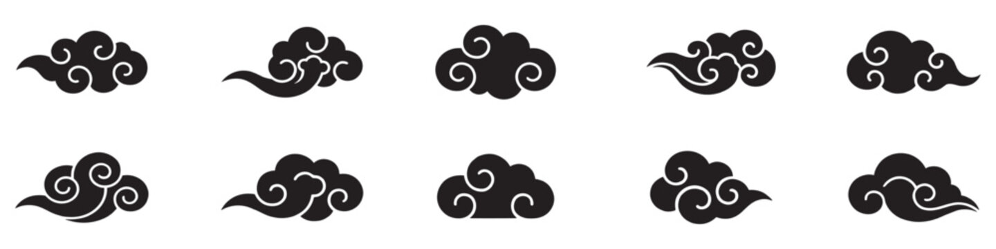 Chinese japanese cloud, asian japan clouds. Motif oriental style decoration, abstract simple black geometric graphic elements. Vector illustration.