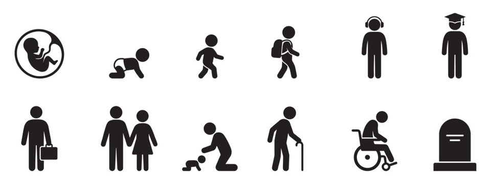 Human life cycle flat icon set. Aging process from birth to death, fetus, baby, child, adult, elderly silhouette.