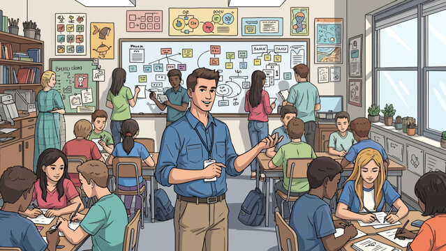 Engaging Classroom Scene Teacher Leading Students in Interactive Learning.